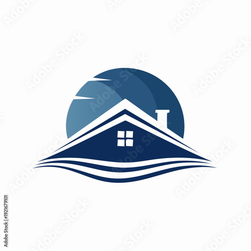 Stylized residential roof graphic with circular backdrop and elegant water waves