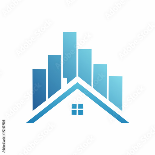 Gradient Blue House with Rising Bars Symbolizing Property Market Growth