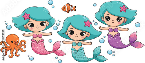 Cute Mermaid Vector Illustration Set with Little Mermaids Octopus Clownfish and Starfish Underwater Isolated on White Background