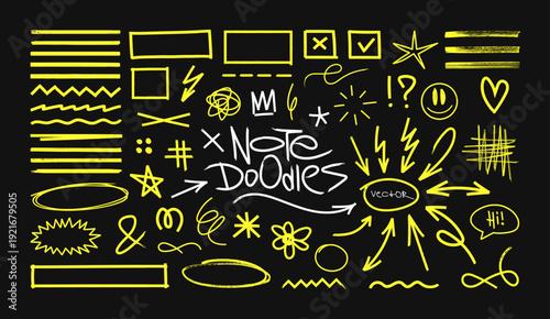 Marker highlighters, doodles, notes, underlines in universal graphic collection. School board, children's doodles and scribble in hand drawn style. Vector graphic set - highlighters and notes