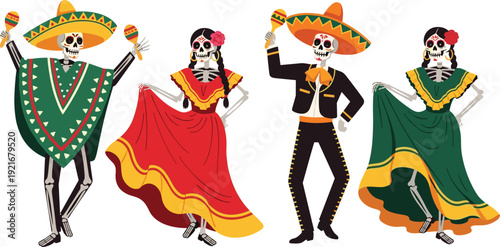 Day of the Dead Skeleton Vector Illustration Set with Mexican Mariachi and Calavera Catrina Characters Isolated on White Background