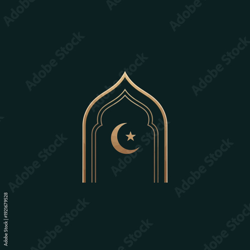 Elegant Golden Islamic Archway with Crescent Moon and Star Symbol, representing faith and tradition