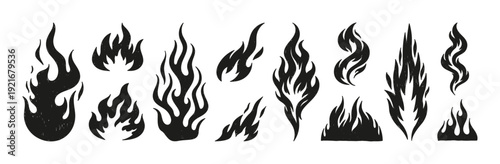 Hand drawn - flame silhouette, burning campfire, fire, tongues of flame in varied shapes and sizes, isolated on white. Simple silhouettes of fire, with traces of hand drawing. Vector set
