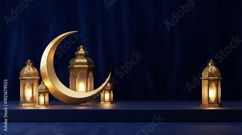 Elegant Ramadan Kareem Background with Golden Crescent Moon and Islamic Lanterns