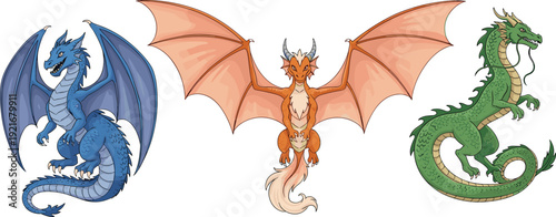 Fantasy Dragon Vector Illustration Set with Powerful Blue Orange and Green Mythical Creatures Isolated on White Background