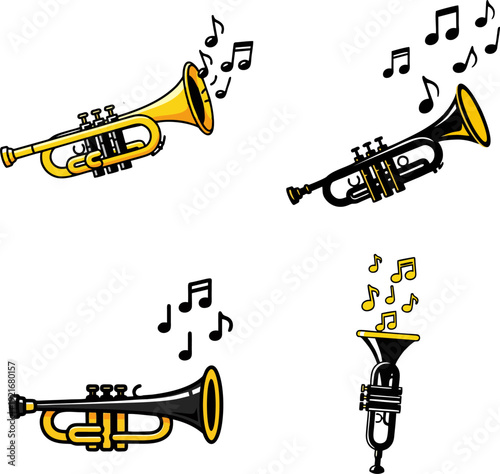Illustration of trumpet icons with musical notes floating around, depicting music and sound elements in a modern, simplistic style, viewed from directly above