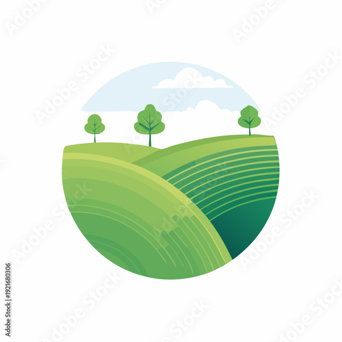Vibrant green rolling hills with trees under a serene sky in a circular design