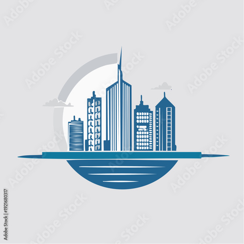 Modern Cityscape Skyline with Tall Buildings and Clouds on Gray Background