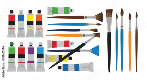 Vibrant art supplies collection with colorful paint tubes and brushes