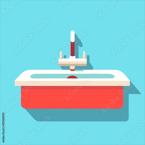 A minimalist flat design of a sink with a red basin and white faucet against a bright blue background, featuring clean lines and a modern aesthetic