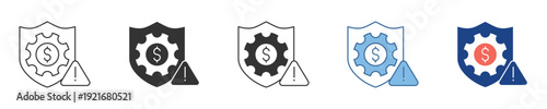 Financial Security System Alert Icon Set Representing Data Protection, Monetary Operations, and Potential Configuration Warnings for Business Management and Digital Safeguards