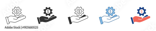 Business income generation and financial service mechanism icon set. Hand holding a gear with a dollar sign, symbolizing payment, work, and economic solutions