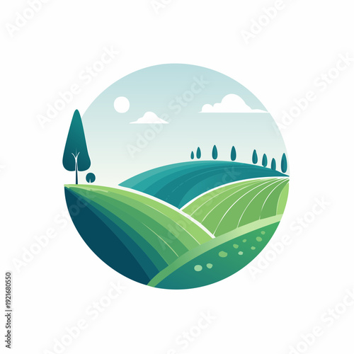Rolling green hills and landscape illustration in a circle