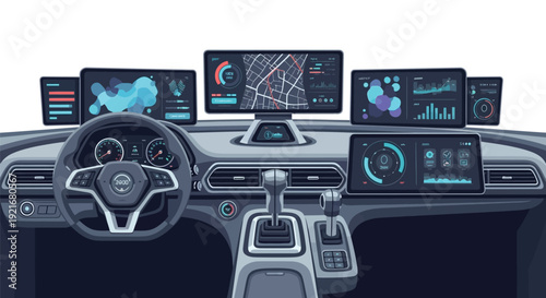 Modern car interior with multiple screens displaying data and navigation