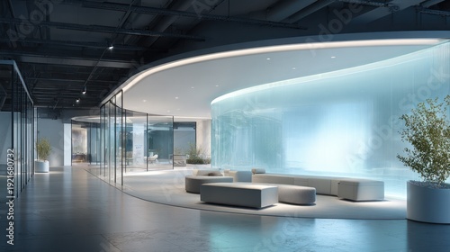 Modern office interior with open space curved wall and contemporary design