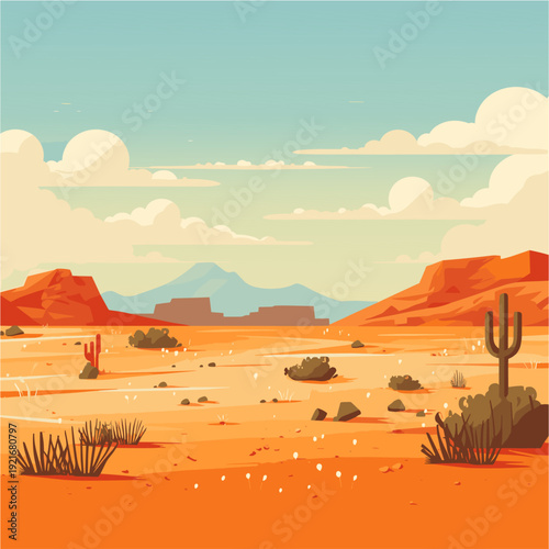 A vast, flat desert landscape with scattered cacti, shrubs, and rocky terrain. The sky is light blue with gentle clouds, and distant mountains are visible