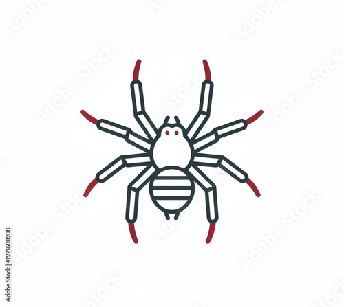 Stylized illustration of a spider with red accents on its legs and eyes, on a white background, perfect for pest control or Halloween themes