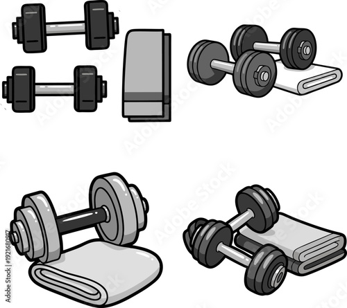 A collection of dumbbells and towels arranged in a fitness setting, viewed from directly above.