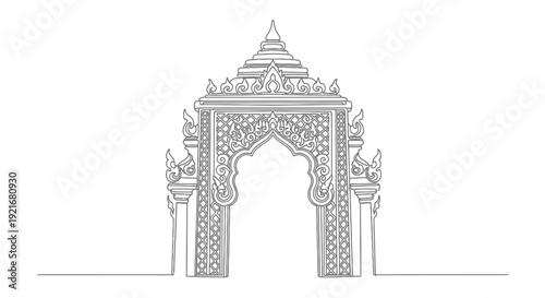 Ornate Traditional Archway Line Drawing, Asian Temple Entrance, Decorative Gateway