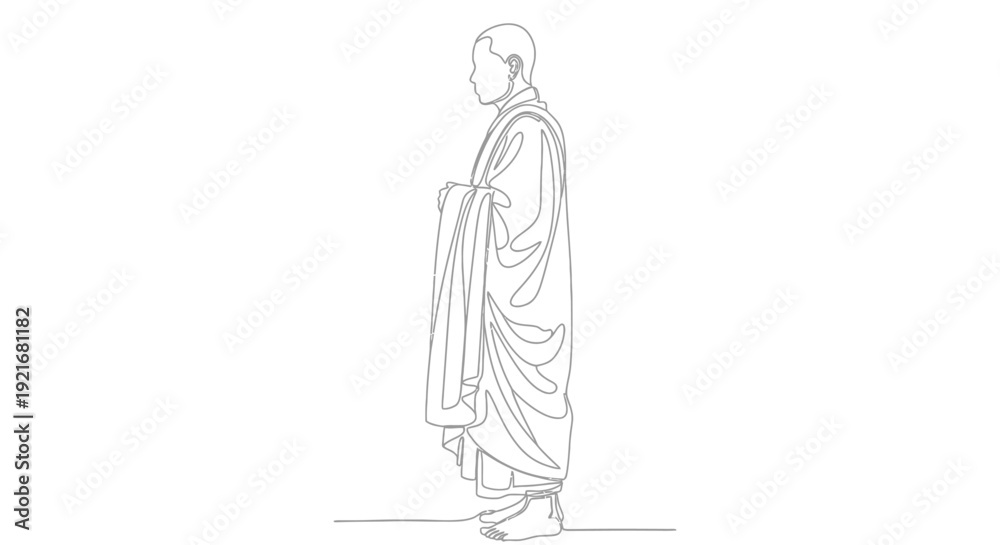 Obraz premium Buddhist monk in traditional robes, side profile, single line art drawing