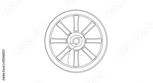 Vintage Wooden Wheel Outline Drawing, Old Cart Wheel Isolated on White Background