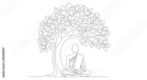 Buddhist Monk Meditating Under Bodhi Tree, Enlightenment, Serenity, Line Art