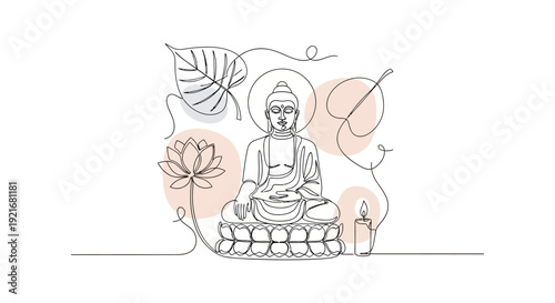 Meditating Buddha Line Art with Lotus Flower and Abstract Shapes
