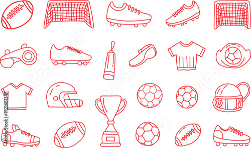 Collection of various sports equipment and achievement icons rendered in a simple red outline style featuring footballs soccer balls cleats jerseys goals helmets a whistle and a grand trophy symbolize