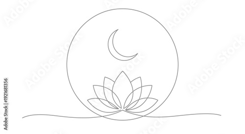 Minimalist Line Art: Lotus Flower, Crescent Moon, and Sun Symbol