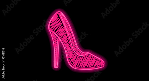Neon pink high heel shoe illustration on black background  