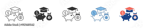 Education savings and student finance icon set, depicting a piggy bank, graduation cap, and coins, representing scholarships, loans, and academic investment planning
