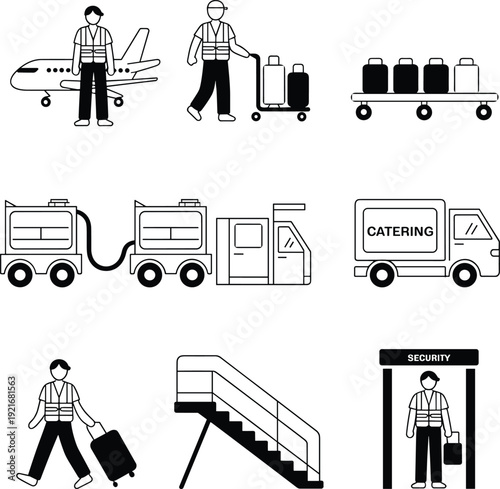 Airport ground service vector icon set featuring baggage handling, catering truck, fuel tanker, security checkpoint and passenger stairs isolated on white background