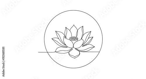 Minimalist Lotus Flower Line Art in Circle, Zen Meditation, Yoga, Spa, Wellness Icon