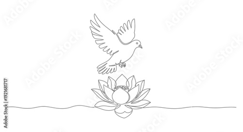 Dove flying over lotus flower, continuous line drawing, peace and serenity symbol