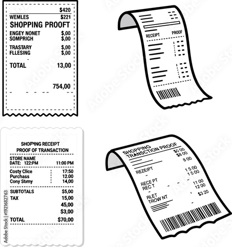 Receipts and shopping proofs displayed on a clean background showcasing transaction details from various shopping experiences