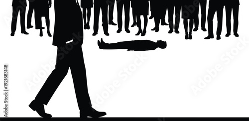 Silhouette of a person lying on the ground being ignored by a walking man and a standing crowd, flat vector illustration.