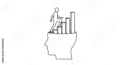 Silhouette of individual climbing upward progression bars emerging from a simplified human head outline symbolizing mental growth and achievement goals