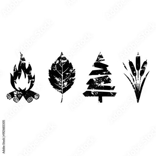 A curated collection of distressed grunge nature icons, featuring a burning campfire, a detailed broadleaf, a stylized evergreen pine tree, and graceful aquatic cattail plants, all rendered as texture