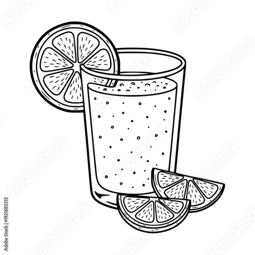 Coloring book outline illustration of refreshing citrus beverage served in a tall glass complete with a wheel garnish and wedge slices ready for summer enjoyment