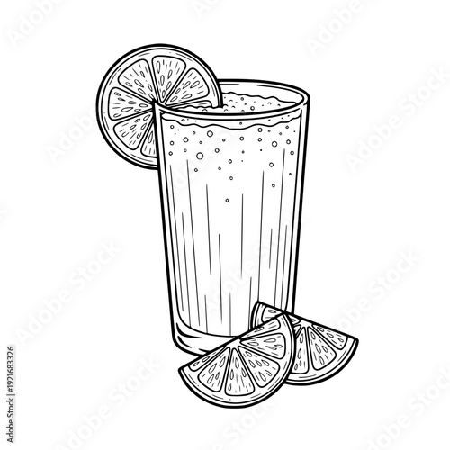 Detailed black and white line art illustration of a tall glass filled with a refreshing, carbonated citrus beverage garnished with a perfect orange or lemon slice.