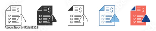 Collection of digital icons showcasing a document with a dollar sign and a warning symbol, symbolizing issues with financial statements, invoices, or billing discrepancies