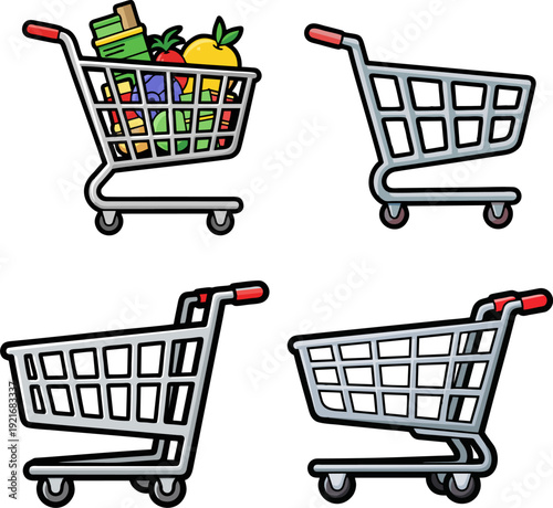 Collection of four shopping cart illustrations, two filled with groceries and two empty, showing different perspectives and designs
