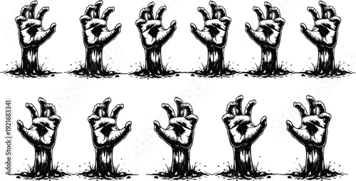 Blue zombie hands rising from ground illustration set, horror undead monster arms emerging from soil, spooky Halloween graphic clipart collection isolated on white background