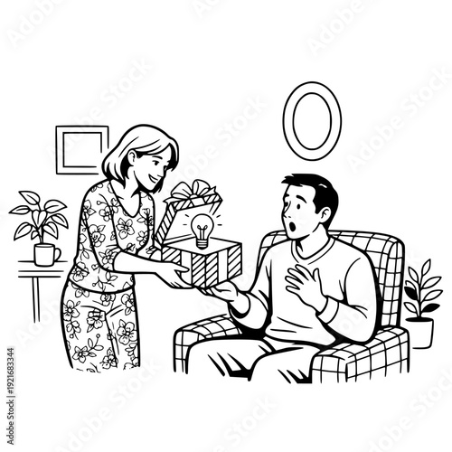 Woman presenting a glowing light bulb idea gift box surprise to astonished man sitting in armchair illustrating breakthrough innovation concept.