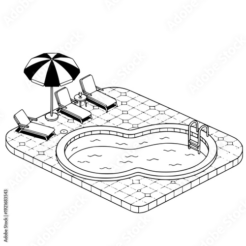 Isometric black and white line art illustration depicting a relaxing poolside area featuring lounge chairs, a patio umbrella, and a kidney-shaped swimming pool structure.