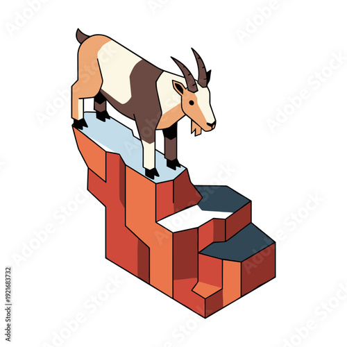 Stylized isometric goat standing on a rocky cliff with snow and ice
