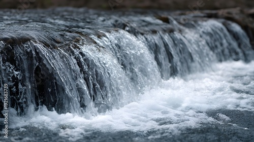 Detailed close up of a water cascade flowing over rocks with dynamic motion and white spray