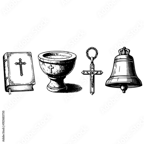 An intricately detailed vintage illustration showcasing essential Christian religious symbols, encompassing an ancient, leather-bound holy Bible adorned with a prominent cross.