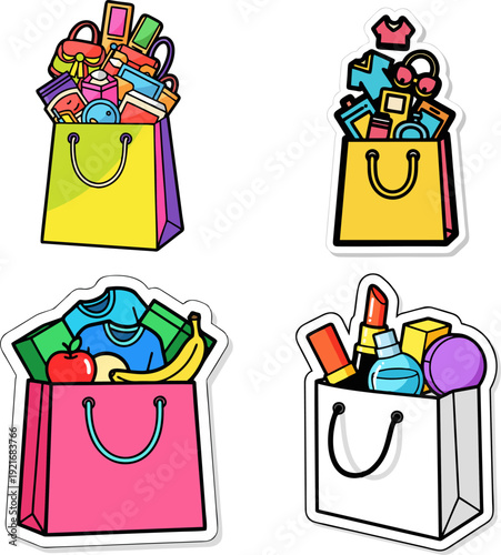 Four colorful shopping bags overflowing with various products, including clothing, cosmetics, and groceries, suggesting a successful shopping spree