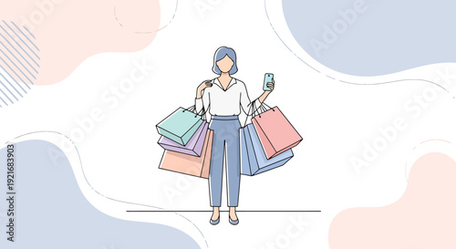 Woman holding many shopping bags and phone illustrating consumerism and retail therapy concept with pastel background and minimalist clean style